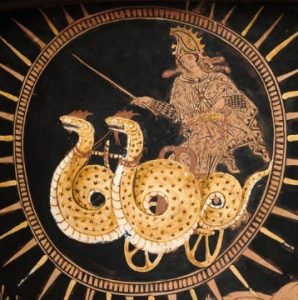 Medea rides a chariot pulled by dragons
