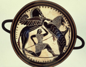 Bellerophon, with Pegasus, killing the Chimaera.
