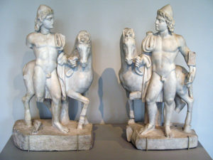 Marble statuettes of Castor and Pollux with their horses