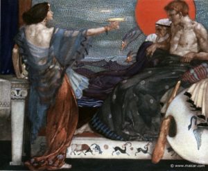 Medea offers a poisoned cup to Theseus, who sits beside his father, King Aegeus