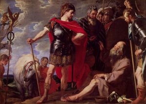 Alexander, holding a staff in his right hand and his left arm akimbo and in the company of advisers and soldiers, towers over Diogenes, who is seated on the ground in a simple tunic