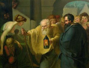 Diogenes holding a lamp and pushing through a crowd looking for an honest man