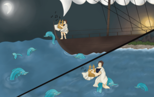 Split screen illustration of Arion first on ship and then riding a dolphin to shore