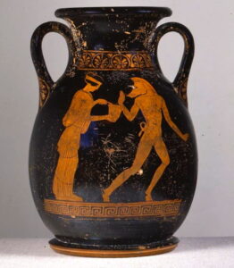 Circe offering a drink of her potion to one of Odysseus’ men who holds his hand up