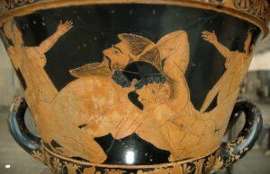 Red-figure vase showing Heracles wrestling Antaeus