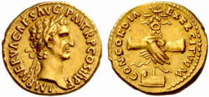 Roman aureus struck under Nerva, c. 97. The reverse reads Concordia Exercituum, symbolizing the unity between the emperor and the Roman army with two clasped hands over an army standard.